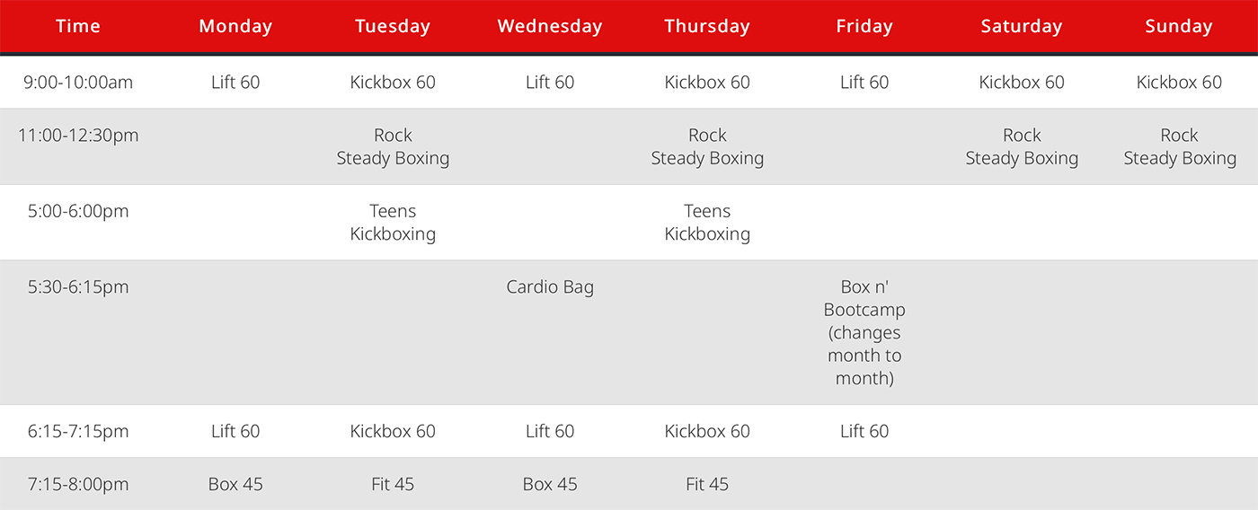 Raw Kickboxing and Fitness schedule